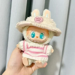 Labubu Suéter Fofo Rosa e Branco Listrado - Roupa Premium para Boneca Ídolo Labubu Sentado